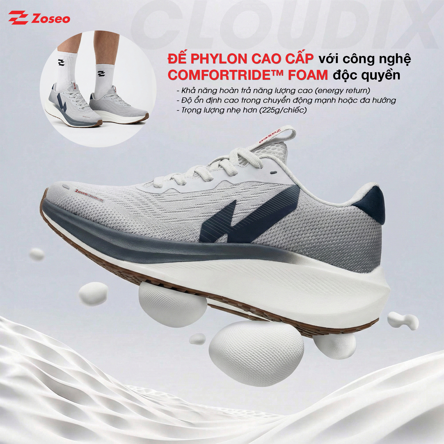 Giày chạy bộ Zoseo Cloudix - Grey Navy - Ảnh 3