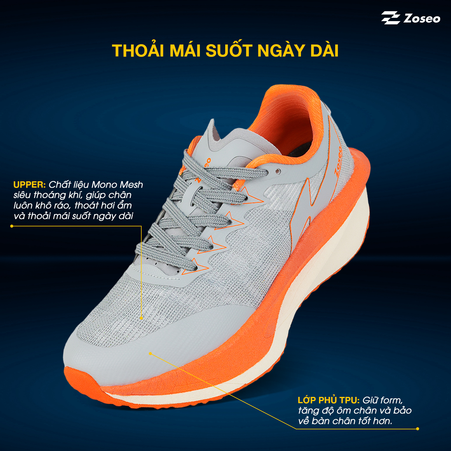 Giày chạy bộ Zoseo Jetboost - Grey Orange - Ảnh 3