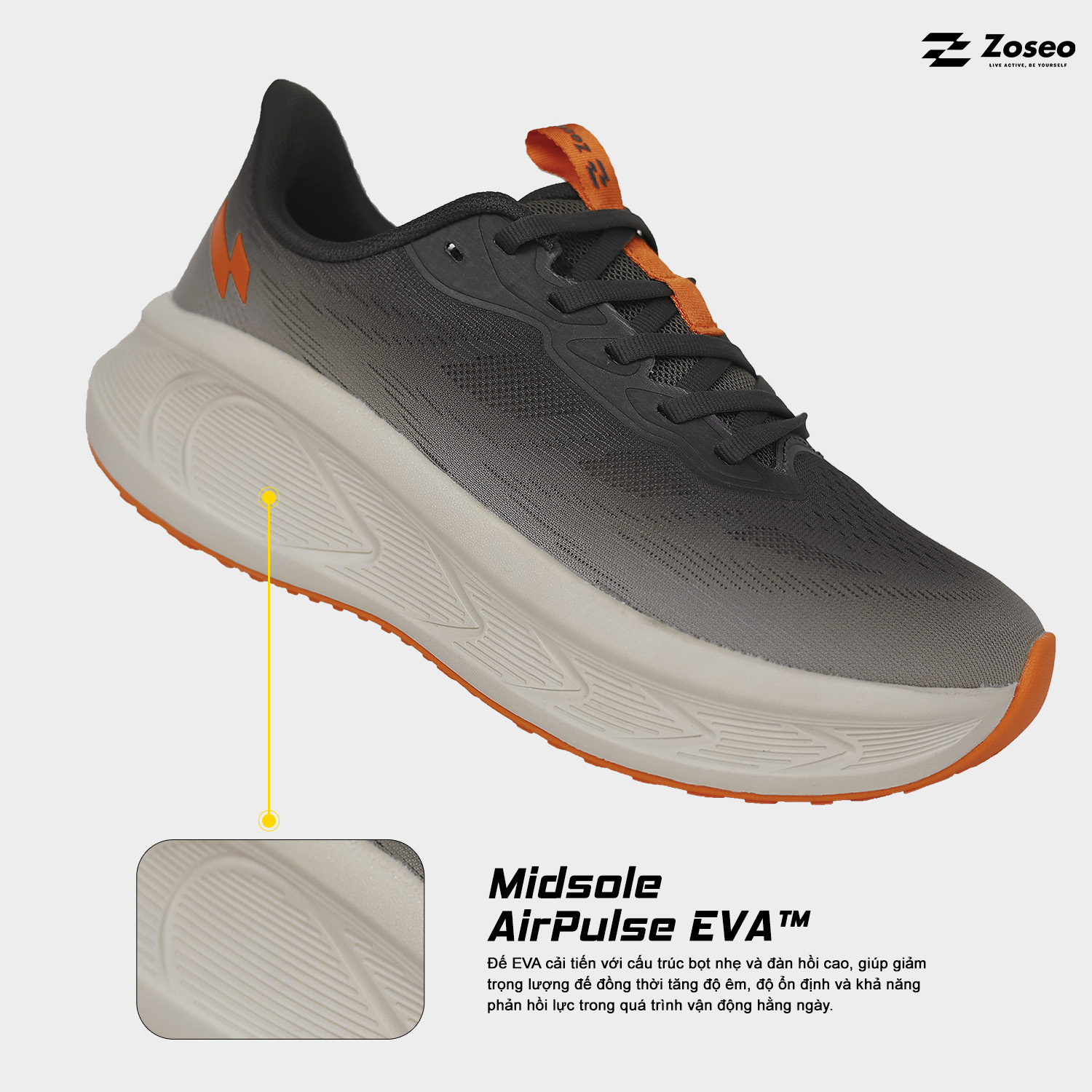 Giày chạy bộ Zoseo Airgo - Ash Grey Orange - Ảnh 2